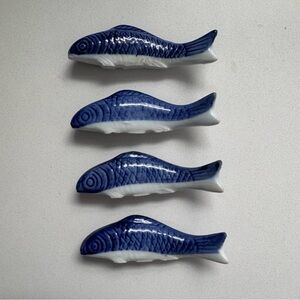 Vintage Japan Blue & White Coy Fish Shaped Chopstick Rests Holders Ceramic